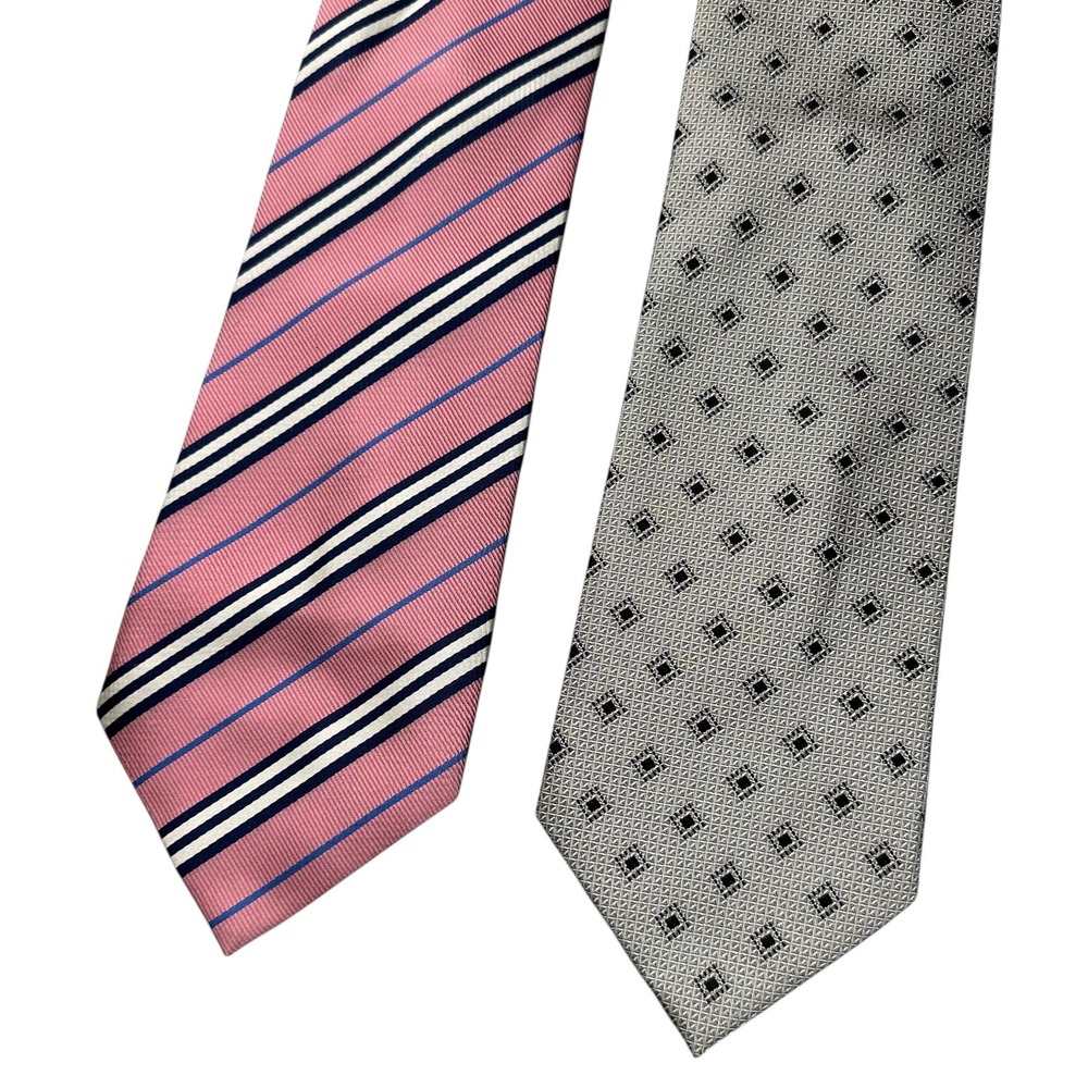 Bruno Piattelli Tie Mens Pink Stripe Gray Pure Silk Handmade Neckties LOT‎ OF 2